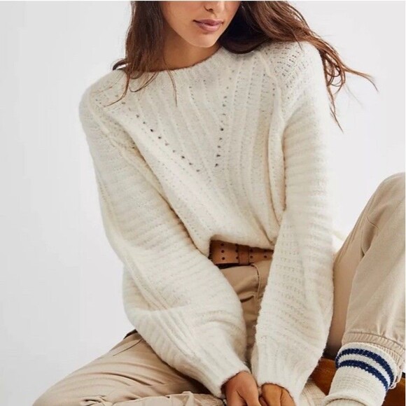 Free People Carter Pullover Cable Knit Sweater XS White Cottagecore Boho Balloon - Picture 1 of 9